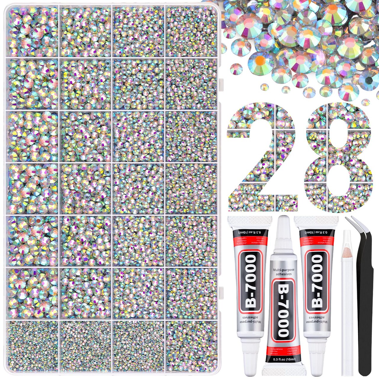 30,000pcs Resin Rhinestones for Crafting – AB Flatback Gems with Tweezers & 3×10ml B7000 Jewelry Glue, Perfect for Nail Art, DIY, and Bedazzling Projects